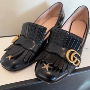 Gucci Double G Logo black Bee Star Embroidered GG fringe  Size US 7.5 / IT 37.5